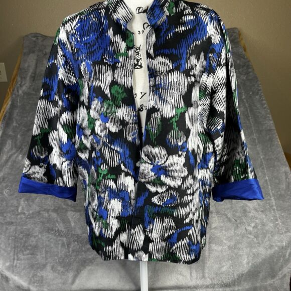 Chico's 100%‎ Silk Jacket Women's L Blue Floral Print Open Front Raw Silk Lining - Picture 1 of 16